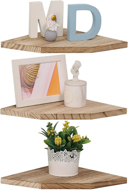 Joiishom Corner Wall Shelf Set of 3, Floating Corner Shelves, Rustic Wood Wall Storage Display Shelves for Living Room, Bedroom, Bathroom, Kitchen (Fanshaped-Carbonized)-NeatNest