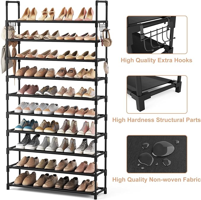 VTRIN 10-Tier Shoe Rack - Large Capacity 50 Pair Organizer with Two Hooks - Sturdy Metal Shoe Shelf for Entryway, Closet, Bedroom-NeatNest