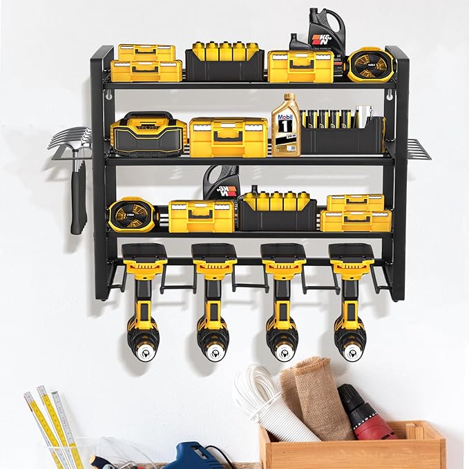 4 Layers Power Tool Organizer Wall Mount, Garage Wall Shelving, 4 Drill Holder Wall Mount, Cordless Tool Organizer, Garage Storage Rack with 4 Extension Cord Holder