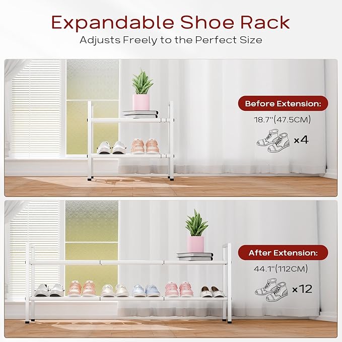 Bumusty 2-Tier Long Expandable Shoe Rack for Closet, 18"-44" Adjustable Shoe Rack for Entryway, 10-12 Pairs Large Shoe Organizer Shelf Storage, Sturdy Metal, White-NeatNest