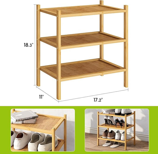 BMOSU 3-Tier Bamboo Small Shoe Rack Premium Stackable Shoe Shelf Storage Organizer for Hallway Closet Living Room Entryway Organizer(Natural)-NeatNest