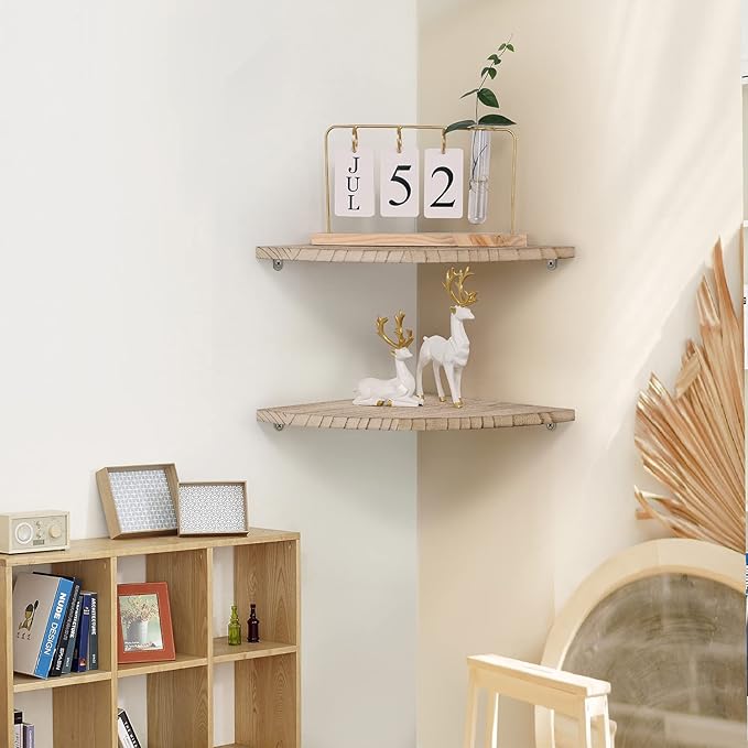10 inch Corner Wall Shelf, Set of 2 Solid Wood Corner Floating Shelves for Wall, Round End Wall Mounted Floating Corner Shelf for Bedroom, Living Room and Kitchen (Carbonized-10 inch)-NeatNest