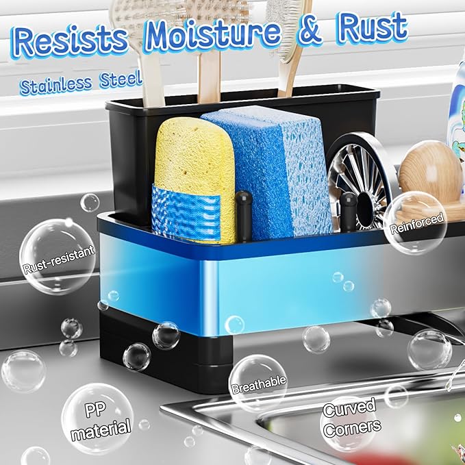 Sponge Holder for Kitchen Sink,Sink Caddy Organizer with Removable Brush Holder,Kitchen Countertop Soap Dispenser Storage with Detachable Towel Rack,Black-NeatNest