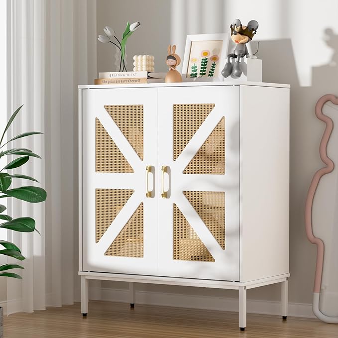 Buffet Cabinet White with Storage, Rattan Sideboard with Doors & Shelves, Accent Buffet Console Table 32.9" Media Console Mid Century Coffee Bar Table for Living Room Kitchen Dining Room-NeatNest
