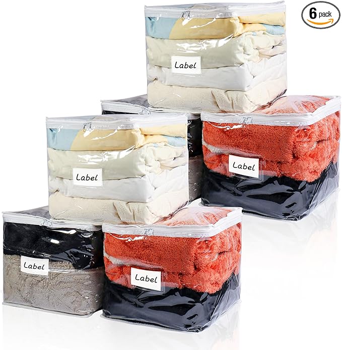 Clear Zippered Storage Bags Plastic Sweater Storage Bags with Zipper 6 Packs Clothing Organizer for Blankets Linen Sweater Bed Sheet Quilt Clothes Pillow (12 x 12 x 12 Inch)-NeatNest