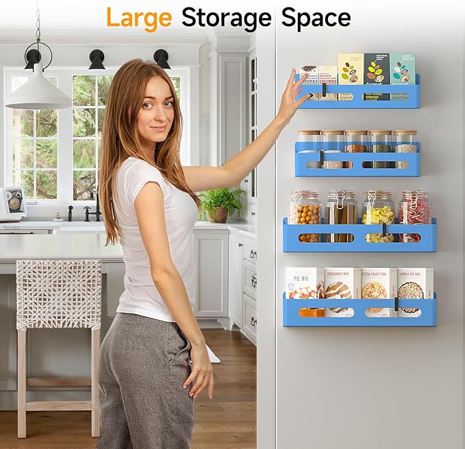 4 Pack Magnetic Spice Rack for Refrigerator, Spice Rack Organizer, Moveable Magnetic Shelf Fridge Organizer with 4 Hooks for Kitchen and Oven Organization, Blue