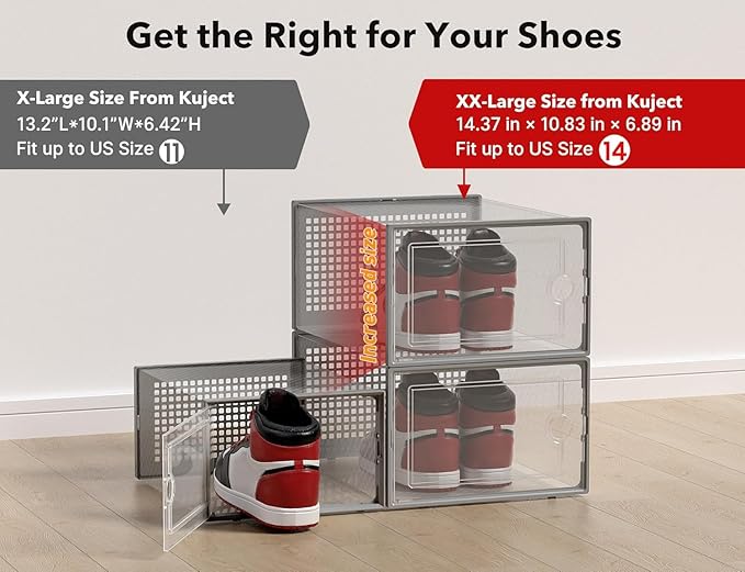 Kuject XX-Large Shoe Storage Boxes Organizers Clear Plastic Stackable 12 Pack, Shoe Rack & Holder Substitute, Sneaker Containers, Toy Storage Organizer Bins for Entryway, Closet, Under Bed, Grey-NeatNest