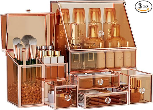 Glass Makeup Storage for Vanity and Bathroom Countertop – Large Cosmetic Display Case and Skincare Storage Solution