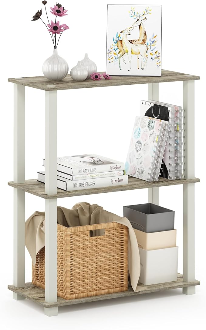 Furinno Turn-S-Tube 3-Tier Compact Multipurpose Shelf Display Rack with Square Tube, Sonoma Oak/White-NeatNest