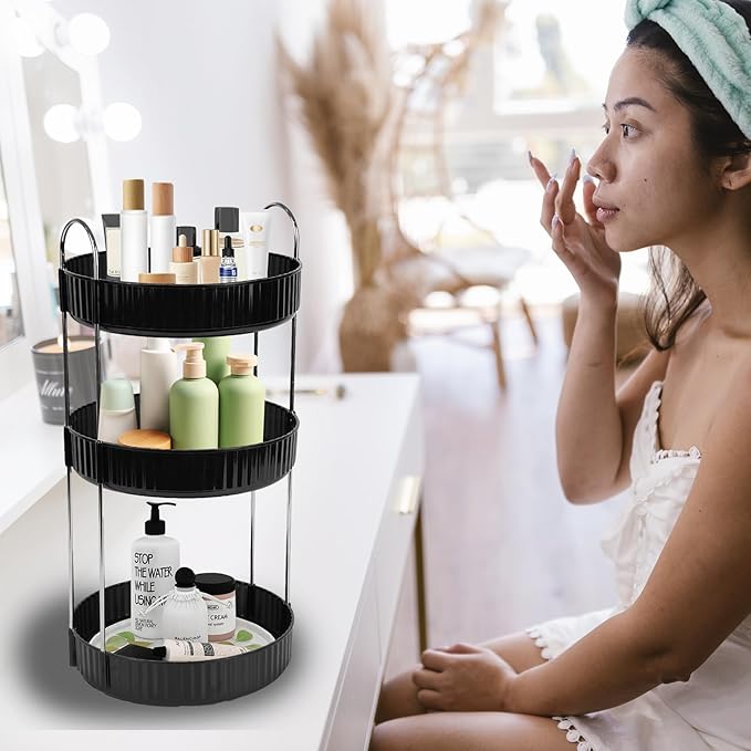 Rotating Makeup Organizer Countertop 3 Tier Lazy Susan Trays Spinning Skincare Perfume Storage for Bathroom Counter Vanity, Black-NeatNest