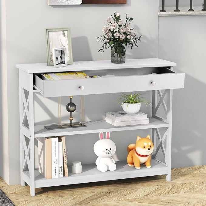 GOFLAME 39" Console Sofa Table with Drawers, 3-Tier Narrow Entry Table with Storage Shelves for Living Room Behind Couch, Entryway, Hallway (White)-NeatNest