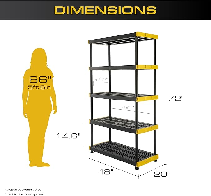 CX Black & Yellow®, 5-Tier Heavy Duty Plastic Storage Shelving Unit, 200lbs/shelf (72”H x 48”W x 20”D), for Indoor/Outdoor Organization, Modular Rack-NeatNest