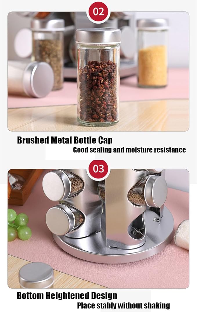 Spice rack-Revolving Spice Rack Set, Kitchen Spice Tower Organizer for Countertop or Cabinet -Desktop Rotating Seasoning Organizer(Stainless Steel) (Silver, 16-Jar)