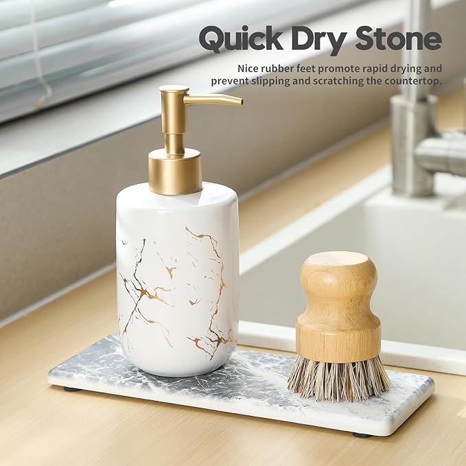 2PCS Bathroom Sink Vanity Trays, Water Absorbing Diatomite Stone Quick Drying Mat for Kitchen Counter, Dish Rack Dispenser Sponge Holder Caddy Organizer, Marble Crack, 9"x3.5"-NeatNest