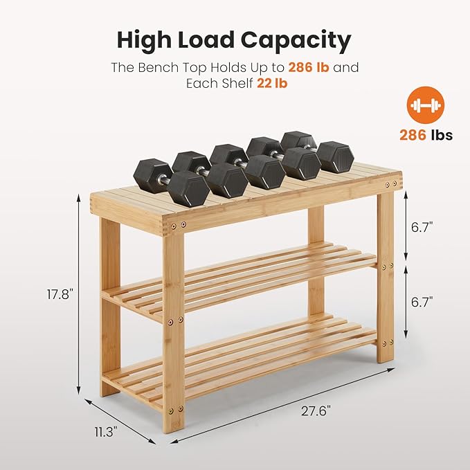 Sweetcrispy 3-Tier Shoe Rack Bench, Bamboo Entryway Storage Organizer, Shoes Stand for FrontDoor Entrance, Bedroom, Living Room, 286lb Capacity, 11.3 x 27.6 x 17.8 Inches, Natural Wood