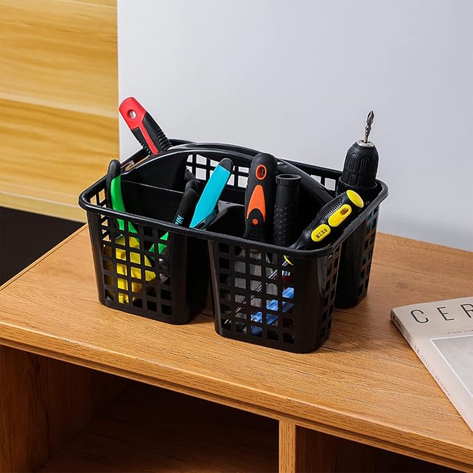 JiatuA Portable Shower Caddy Basket with Compartments Cleaning Supplies Organizer with Handle Plastic Storage Divided Tool Bin for Bathroom, Bedroom, Kitchen, College Dorm, Garden, Under Sink, Black