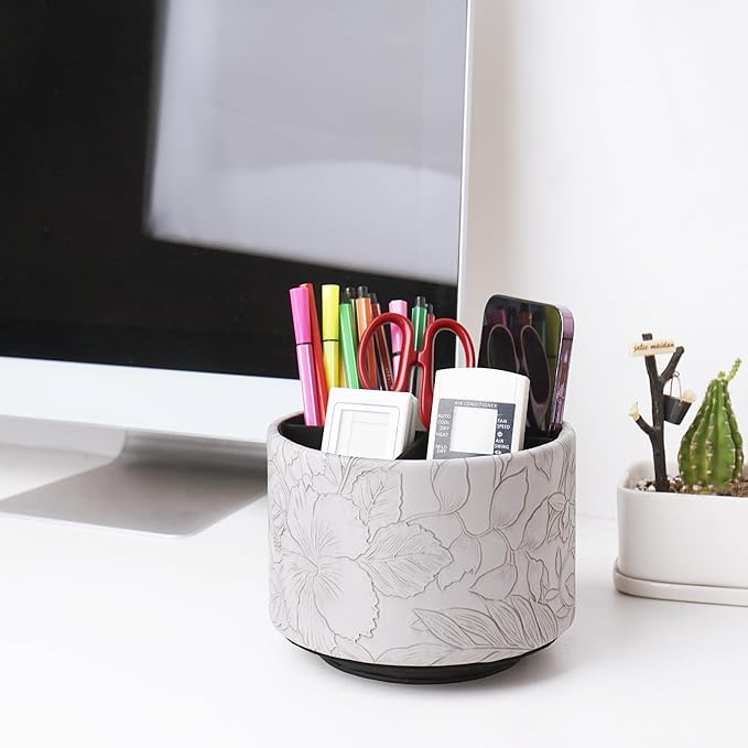Hennaja Round Leather Art Supply Organizer,Remote Control Holder,360 Degree Spinning,Multi-Functional Pencil Holder,4 Compartments Desktop Stationary Organizer(1-Carved Grey)-NeatNest