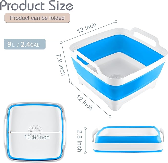 2.4 Gal(9L) Collapsible Dish Basin with Drain Plug, Space Saving Outdoor Multiuse Foldable Sink Tub, Dishpan, Kitchen Storage Tray for Camping, Vegetable Washing, RV (Blue)-NeatNest