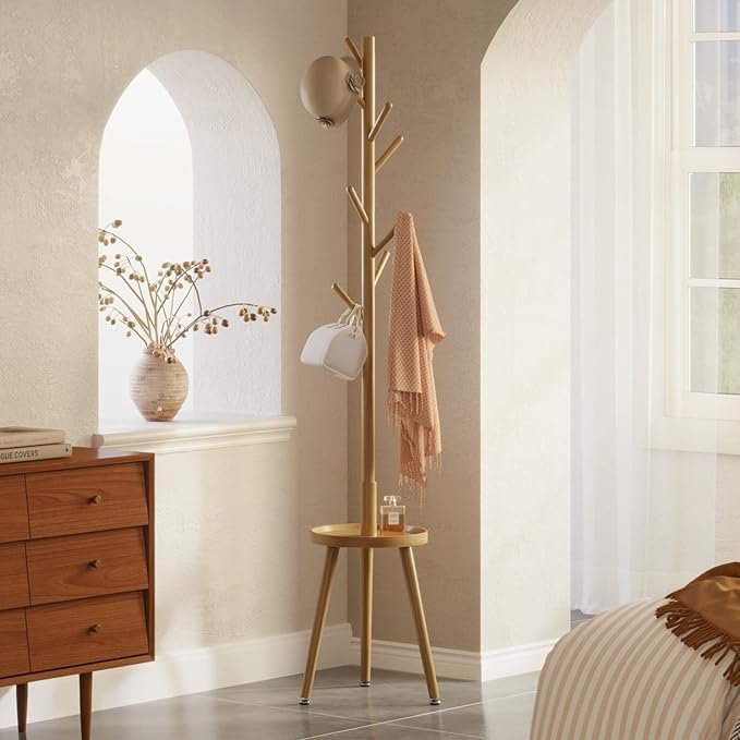 GREENSTELL Coat Rack with 8 Hooks, Wooden Coat Rack Freestanding with Shelf, Coat Tree with 4 Height Options 50.5"-72.6", Coat Hanger Stand for Bags, Clothes, Umbrellas, Hats, in Home, Natural-NeatNest