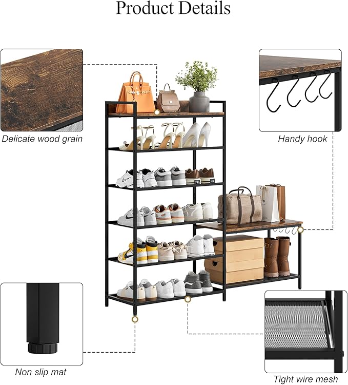Shoe Rack Bench Storage Organizer for entryway,6-Tier Industrial Free Standing Shoe and Boot Racks with Seat,Entrance Shoe Rack Organizer Shelves for High Heels,Hallways, Closets,Brown,48.7in-NeatNest