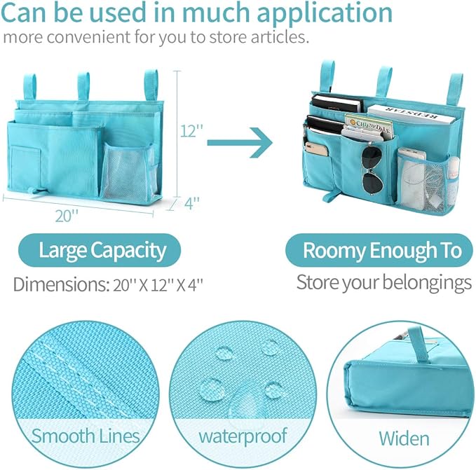 Bseash Bunk Bed Organizer, Bedside Caddy Hanging Bed Organizer Storage Bag 8 Pockets, for College Dorm Rooms Bed, Hospital Bed, Baby Bed Rails, 600D Oxford Cloth (Light Blue)-NeatNest