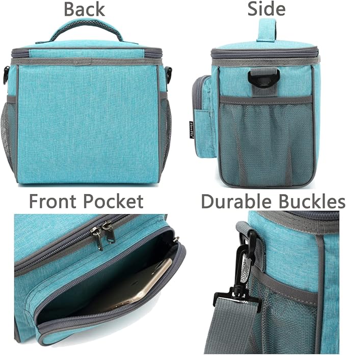 FlowFly Insulated Reusable Lunch Bag Adult Large Lunch Box for Women and Men with Adjustable Shoulder Strap,Front Zipper Pocket and Dual Large Mesh Side Pockets,SeaBlue-NeatNest