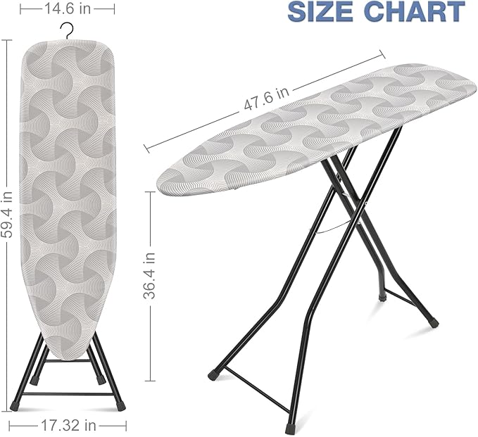 APEXCHASER Ironing Board, Full Size Steam Iron Board,Large Heavy-Duty Sturdy Metal, Dual-use for Both Flat and Steam Iron Foldable Ironing Board with Heat Resistant Cover, 14x48, Grey