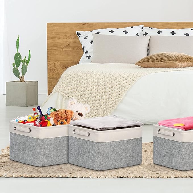 Kntiwiwo Foldable Storage Bins 15" x 10" x 9.5" Fabric Storage Basket Cube with Handles Large Linen Closet Organizer Bins for Organizing Shelf Home,Set of 3, Set of 3, Grey