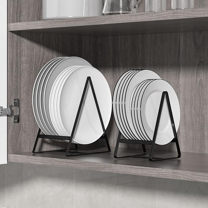 2 Large 1 Small Triangle Plate Holders Organizers Upright Cabinet Dish Drying Racks Metal Plate Dish Organizers Racks Stands for Countertop and Cupboard Black