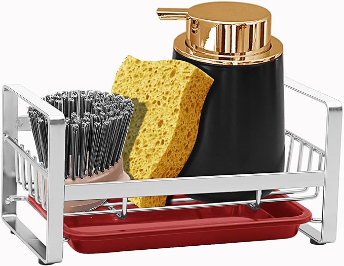 Kitchen Countertop Dish Soap Holder, Sponge Organizer, Basket for Cleaning and Scrub Tool, Kitchen Sink Brush Caddy Holder, Stainless Steel Rust Proof,Red+Silver