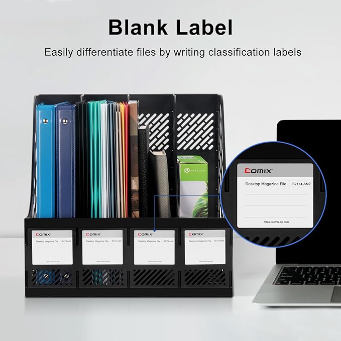 Comix Magazine File Holder Rack/Vertical Desktop File Organizer - Plastic Desk Organizer for Files, Folders, Books - 4 Compartment Binder Organizer - Black-NeatNest