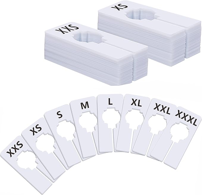 40 Pack Rectangular White Plastic Clothing Size Closet Rack Dividers Hangers, Preprinted in 8 Sizes XXS, XS, S, M, L, XL, XXL, XXXL (2.5”x 5”, Inner Diameter 1.38”)-NeatNest