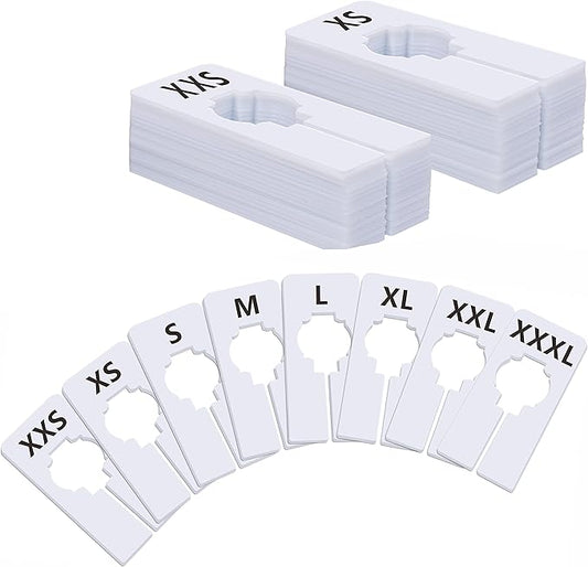 40 Pack Rectangular White Plastic Clothing Size Closet Rack Dividers Hangers, Preprinted in 8 Sizes XXS, XS, S, M, L, XL, XXL, XXXL (2.5”x 5”, Inner Diameter 1.38”)-NeatNest