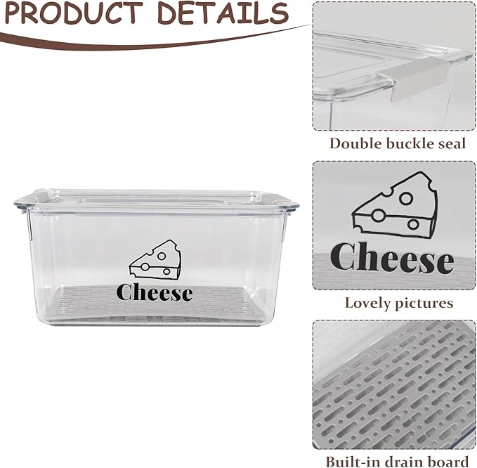 Cheese Container Airtight with Draining Basket Cream Cheese Sliced Cheeses Box with Lid Saver for Fridge Cheeses Keeper Cream Block Shredded Storage Box Saver (Clear)-NeatNest
