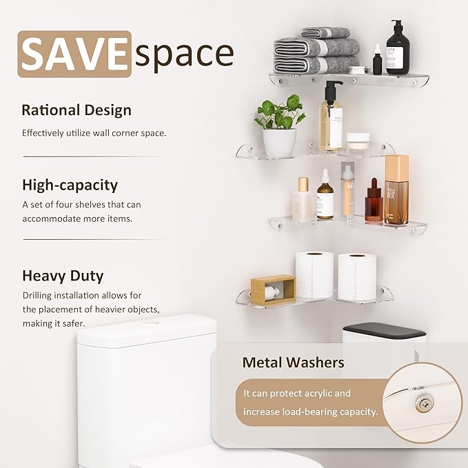 8x11.8 Inch Clear Corner Shelf Wall Mount Set of 4, Acrylic Corner Floating Shelves, Wall Organizer Shelf for Bathroom, Kitchen, Bedroom, Living Room, Dining Room, Office