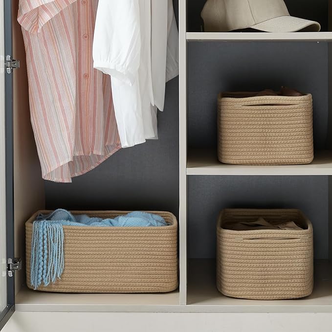 3-Pack Storage Baskets for Organizing | Woven Shelf Toy Basket | Rope Baskets for Gifts Empty | Closet Organizer Bins with Handles | Cube Decorative Box | 13.7×7.1×6.7” | Brown-NeatNest