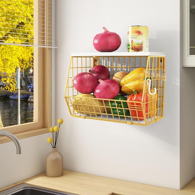 Gold Wire Basket for Organizing, Onion Storage, Hanging Wall Mount Fruit and Vegetable Storage for Pantry Organization, Sturdy Wire Metal Fruit Basket with Lid for Kitchen Laundry Countertop