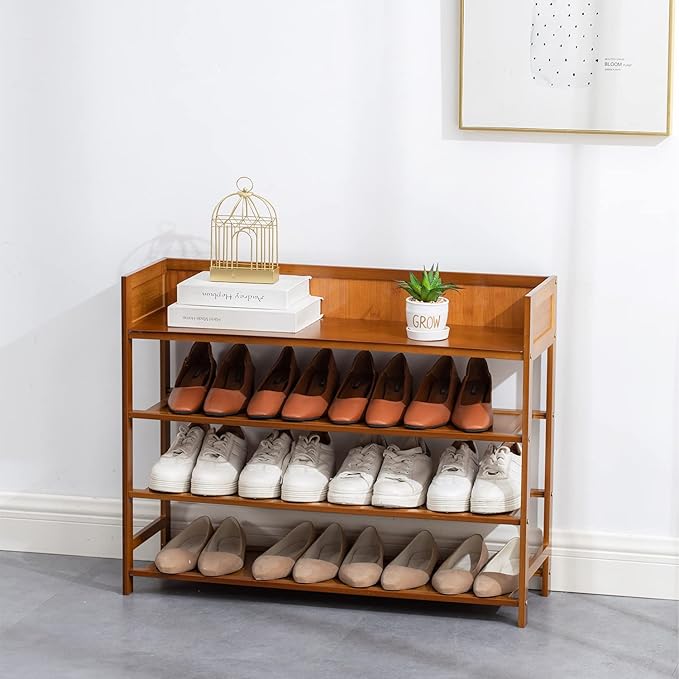 4 Tier Shoe Rack Organizer, 4 Tire Bamboo Stackable Shoe Shelf Storage Organizer, for Entryway, Hallway, and Closet (Brown)-NeatNest
