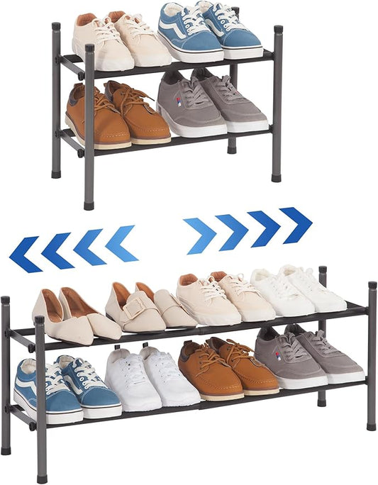 STORAGE MANIAC Expandable Shoe Rack, 8 Pairs Stackable Small Shoe Rack, Metal Adjustable Shoes Organizer for Closet, Entryway, Hallway, Garage, Front Door, Shoes Shelves, Black 2 Tier-NeatNest