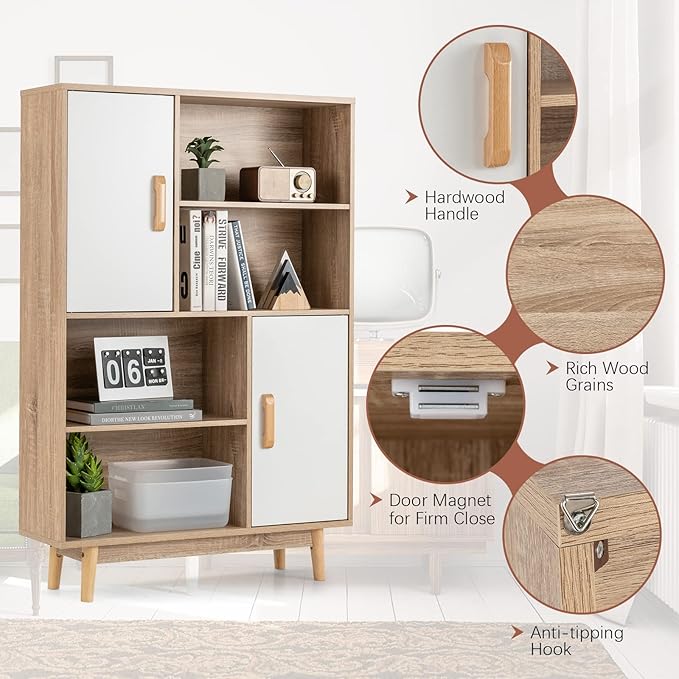 Giantex Storage Cabinet with Legs, Floor Cabinet with Doors, Shelves, Anti-Tipping Device, 4-Tier Bookshelf for Books & Photos, Tall Cupboard in Living Room, Kitchen Buffet Sideboard (White)