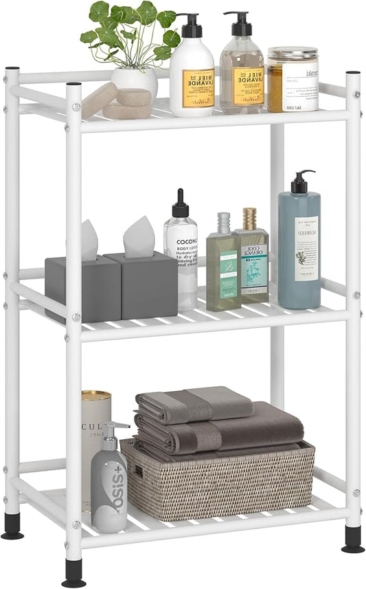 3 Tier Bathroom Storage Open Shelf Unit, Free-Standing Metal Corner Rack Shelving for Kitchen, Living Room, Hallway (White, Wider 3 Tier)-NeatNest