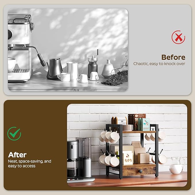 3-Tier Coffee Mug Holder with 12 Hooks, Coffee Bar Organizer, 25 Pods Capacity, Versatile Desktop Storage Rack, Space-Saving, for Kitchen, Living Room, Rustic Brown and Black MH01BR-NeatNest