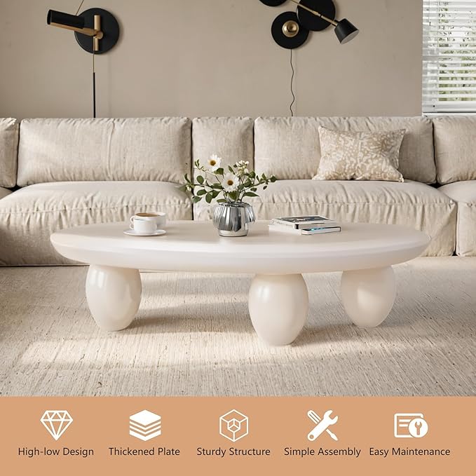 Irregular Coffee Table with 3 Oval Legs Cream White Live Edge Coffee Table Modern Cute Cloud Indoor Central Table Low Tea Table for Living Room Easy Assembly,Water Drop c White 39.4"