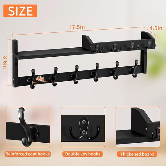 Coat Rack Wall Mount with Shelf, 27.5" Entryway Wall Hanging Shelf, Coat and Key Hanger with 10 Dual Hooks, Mail Organizer and Key Holder Hat Rack for Wall, Wood Coat Hooks with Storage-NeatNest