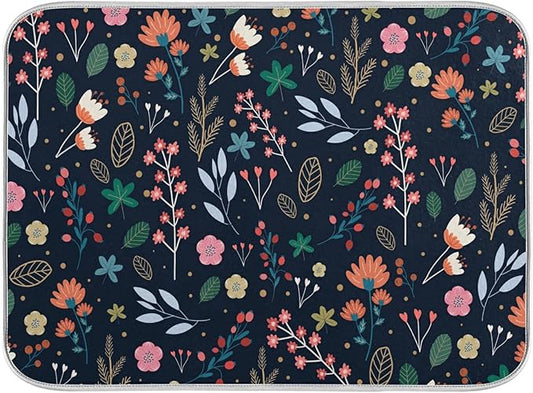 Dish Drying Mat for Kitchen Counter Colorful Flowers Black Absorbent Drying Matt for Dishes Sink Countertop 16'' x 18''