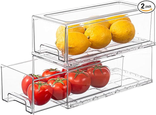 PeJeyiee 2 Pack Clear Stackable Refrigerator Organizers and Storage Drawers - Pull-Out Fridge Bins with Anti-Slip Base & Easy Clean, Plastic Organizers for Kitchen Pantry Cabinet Closet (Medium)-NeatNest