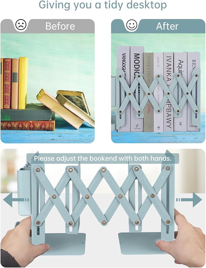 Honagu Adjustable Bookends, Metal Book Ends for Shelves Heavy Book, Desk Magazine File Organizer for Home, Office, Books, Papers with Removable Hook, Pen Holder（Green）