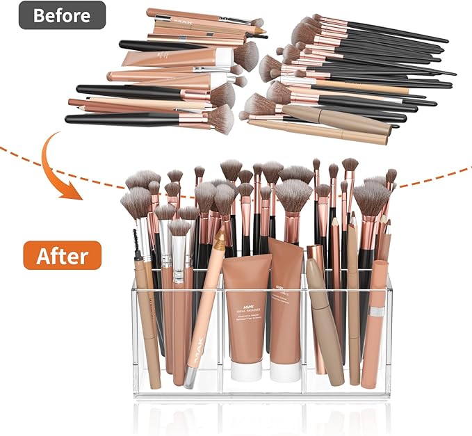 HIIMIEI Clear Makeup Brush Holder Organizer Acrylic 6-Slots Cosmetic Brushes Storage Organizer for Vanity Countertop-NeatNest