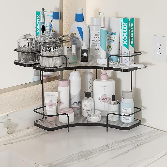 FOLLOWIN 2 Tier Bathroom Countertop Corner Organizer,Countertop Perfume Tray,Vanity Counter Shelf,Skincare Makeup Cosmetic Vanity Organizers,Elegant Black-NeatNest