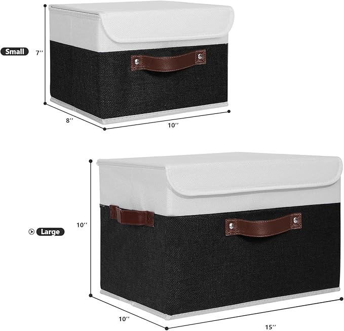 ANMINY 2PCS Storage Boxes with Lid Washable Decorative Storage Bins Basket with PU Leather Handle Foldable Linen Fabric Storage Cubes Containers for Home Closet Organizer - Black White, Large Size-NeatNest